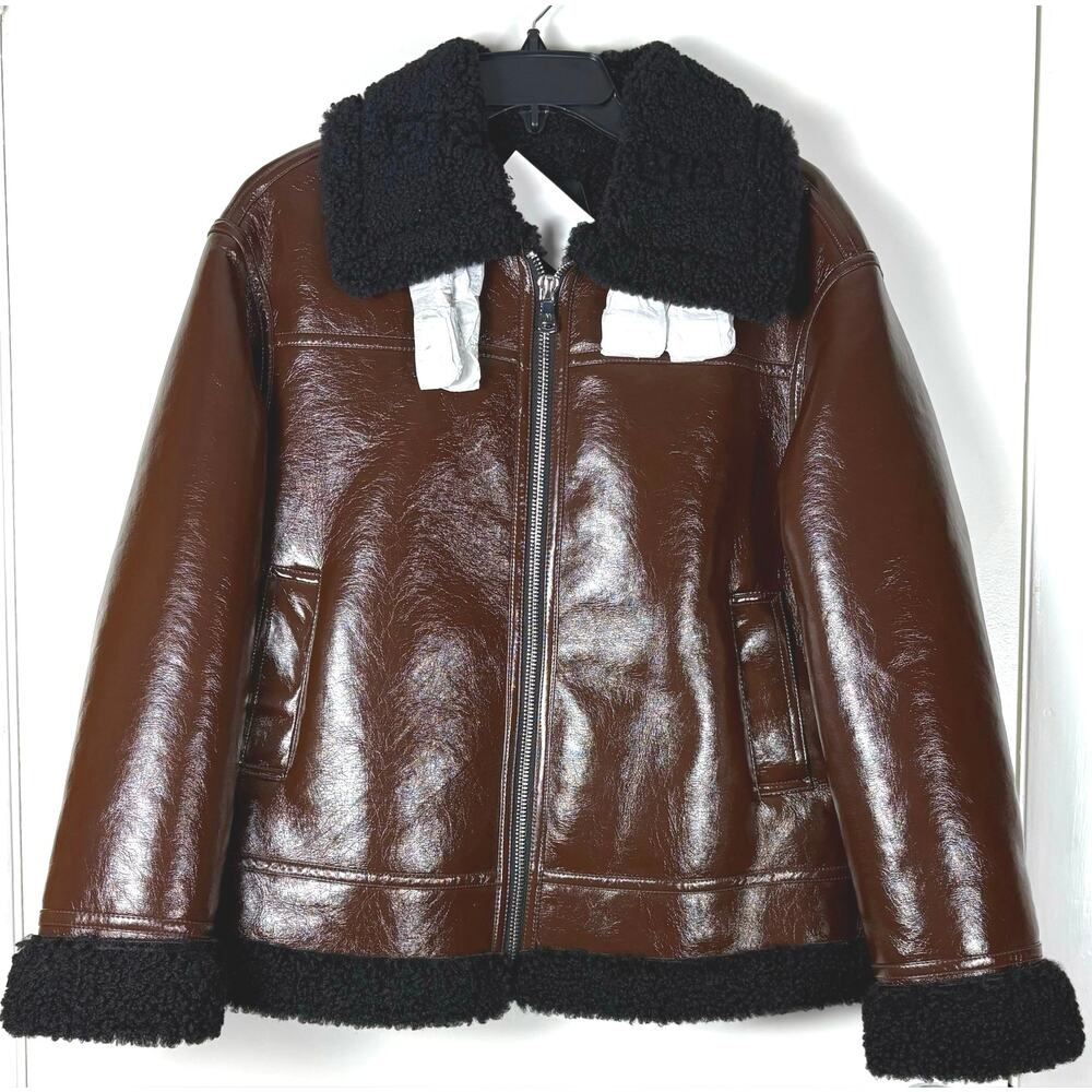 Mango NWT Piruleta Faux Leather Shearling Lined Jacket Dark Brown XS